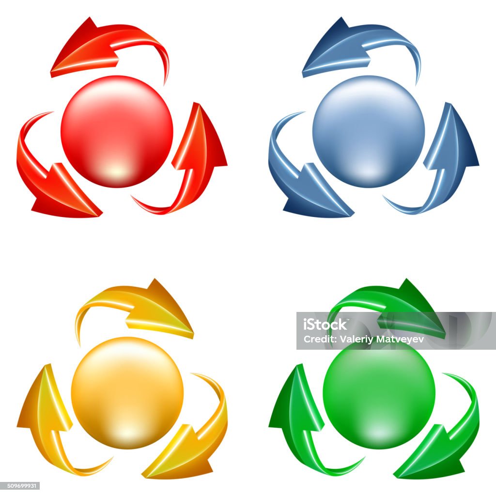 Buttons set with arrows Buttons set. 3d icon of sphere and arrows in various colors Activity stock vector