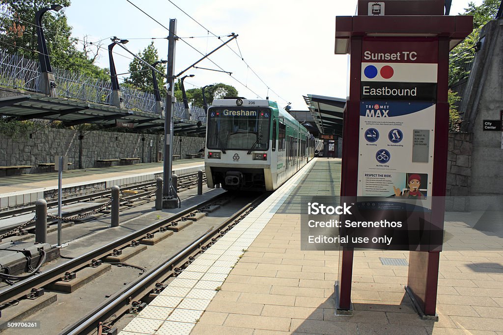 Sunset Transit Center Beaverton, Oregon Beaverton, Oregon, USA - August 5, 2010: Public light rail MAX train exiting the Sunset Transit Center station. Gresham - Oregon Stock Photo