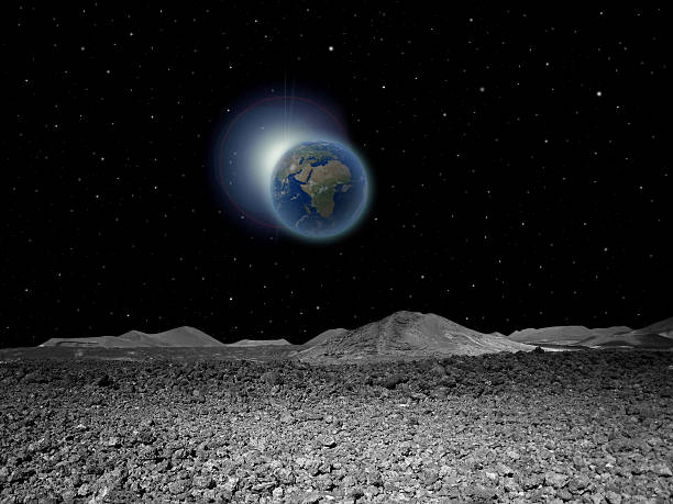 View of the rising Earth seen from the Moon's surface
