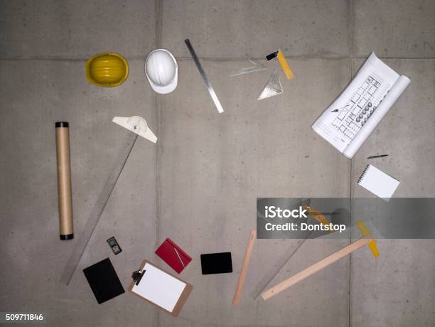 Engineering Tools Stock Photo - Download Image Now - Adjustable Wrench, Architecture, Blueprint