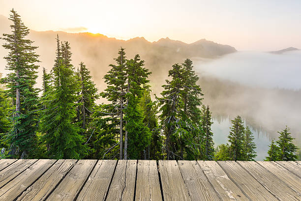 istock empty wooden deck table top with tree and lake background. 509714120