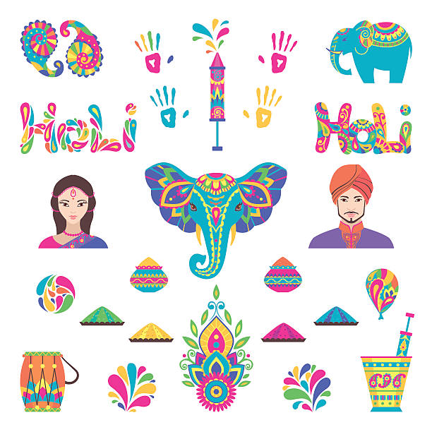 illustrazioni stock, clip art, cartoni animati e icone di tendenza di impostare di elementi piatto di holi in stile indiano - elephant art creativity decoration