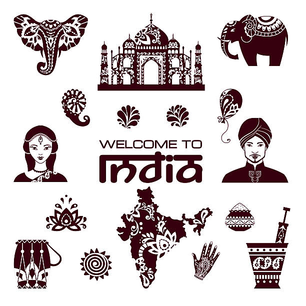 набор иконок индийская - india indian culture pattern paisley stock illustrations