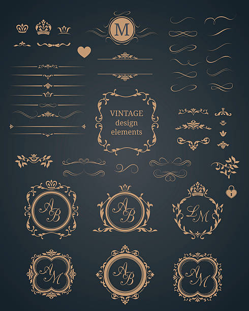 Vintage set of decorative elements Vintage set of decorative elements. Wedding monograms. Calligraphic elegant ornaments.  alphabet borders stock illustrations