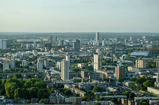 View from a tall building in the London Docklands looking towards Newham and Stratford with the former Olympic stadium towards the left hand side.