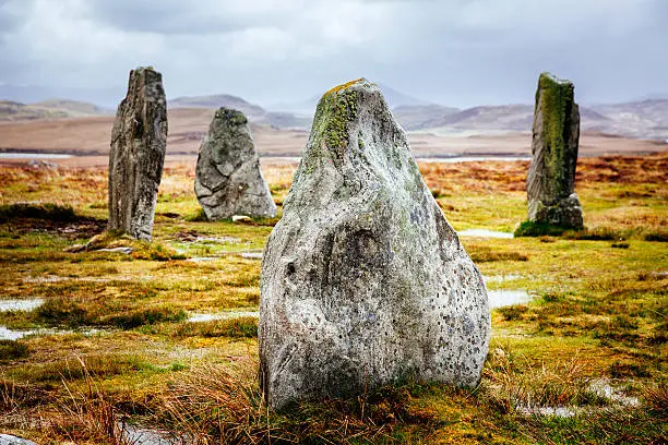 Ancient standing stones on the island of Lewis in the Outer Hebrides of Scotland. Part of the complex of ancient sites around Calanais (or Callanish), these stones are in the "Calanais III" group.