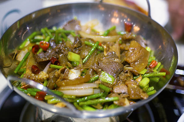 Chinese food, hot-pot with beef and vegetables