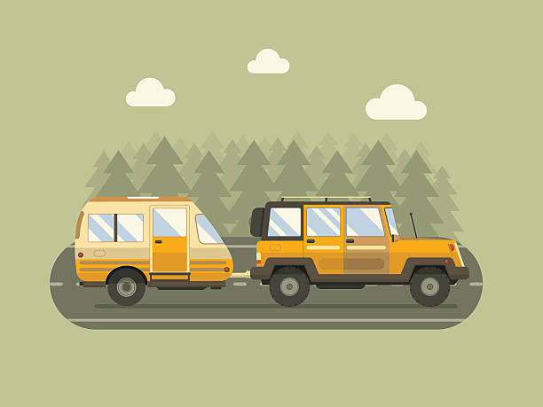 illustrations, cliparts, dessins animés et icônes de route voyageurs suv et camping-car concept de bande-annonce - terrain de mobile homes