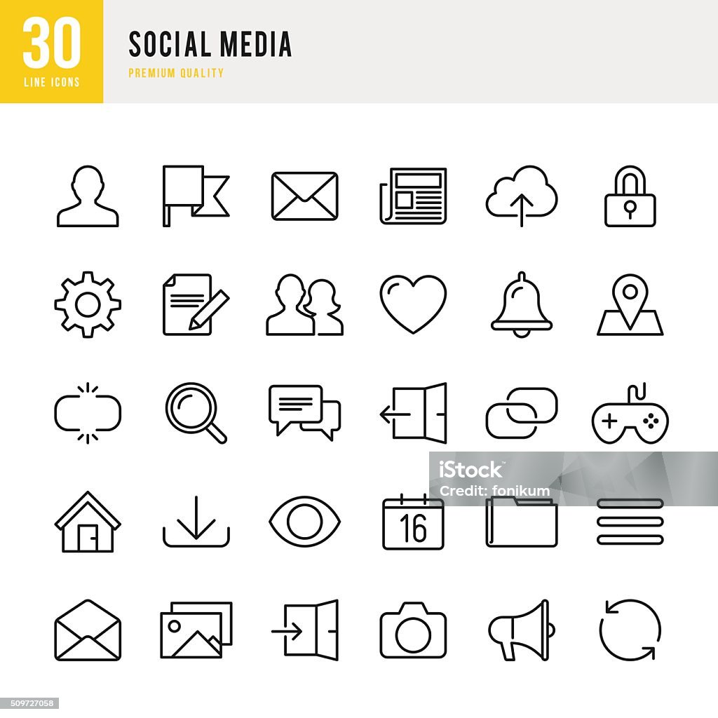 Social Media - Thin Line Icon Set Social media set of 30 line vector icons. Icon Symbol stock vector