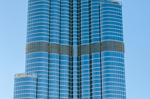 Dubai, United Arab Emirates - March 1, 2015: Close up of high rise buildings  in Dubai, UAE. Burj Khalifa, the tallest building in the world.
