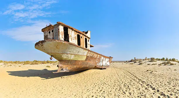 Panorama. Old ship in the Aral desert, rear view.