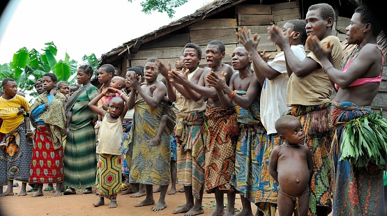 Dzanga-Sangha Forest Reserve, Cental-African Republic, Africa, November, 5, 2008: People from a tribe of Baka pygmies in village of ethnic singing. Traditional dance and music. 