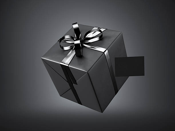 istock Black gift box with black ribbon bow and blank business 509733560