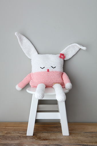 Handmade Crochet Toy Rabbit On Stool. Canon 5Ds.