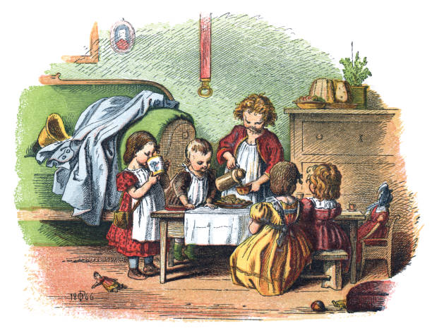 wiktoriańskim dzieci cieszy się kawa i ciastka - child playing dressing up imagination stock illustrations