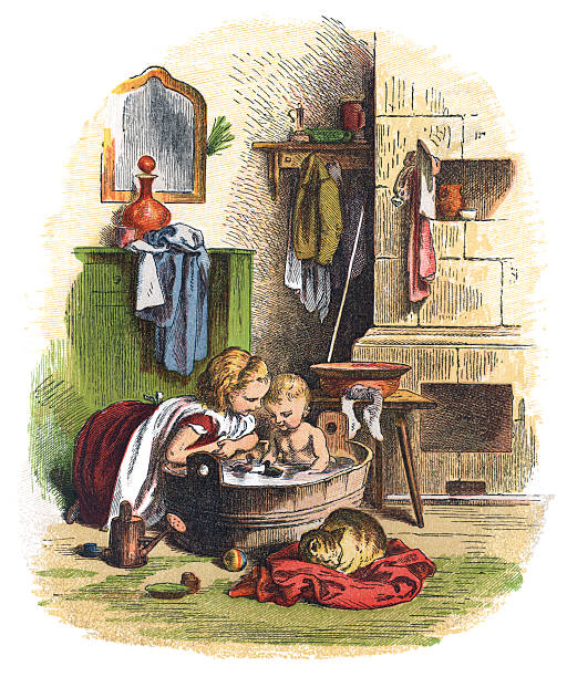 Victorian girl bathing her little brother A little 19th century girl bathing, and playing with, her little brother in a tub while their cat sleeps on the towel. From “Schnick Schnack - Trifles for Little Ones” published by George Routledge & Sons, London, 1867. vintage funny photos stock illustrations