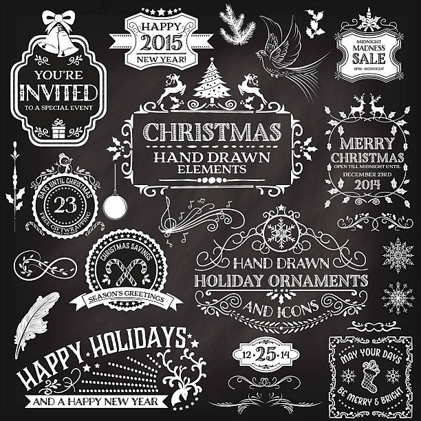 ilustrações de stock, clip art, desenhos animados e ícones de mão desenhada ornamentos de natal & etiquetas - new years eve 2014 christmas retro revival