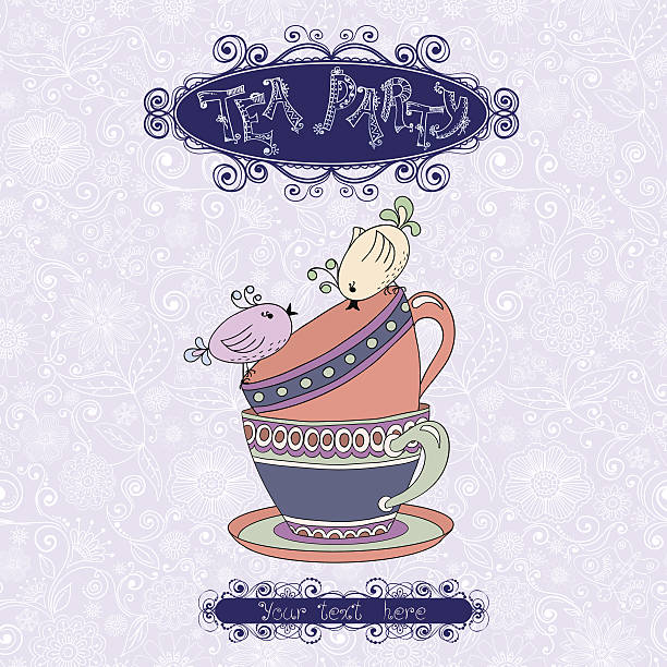 ilustrações de stock, clip art, desenhos animados e ícones de festa de chá convite cartão com copos e aves. - tea afternoon tea tea party cup