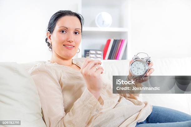 Pills Pack In Hand Of Ill Young Woman Stock Photo - Download Image Now - Adult, Apartment, Beautiful People