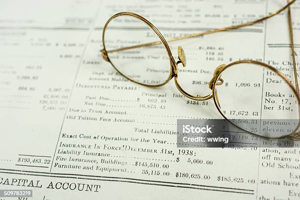 School District Budget 1938 And Glasses Stock Photo - Download Image Now - 1938, Close-up, Color Image