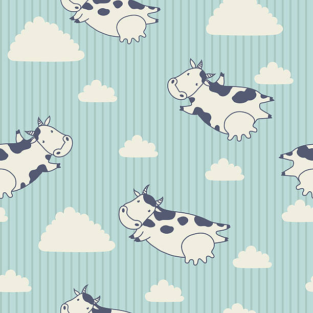 Cows flying in the sky with clouds. vector art illustration