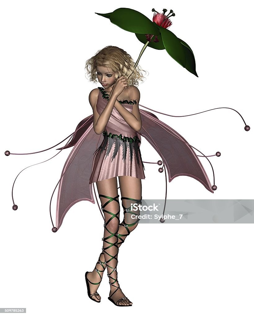 Pink Umbrella Fairy Fantasy illustration of a blonde fairy in a pink dress holding a leaf umbrella, 3d digitally rendered illustration. Animal Body Part Stock Photo