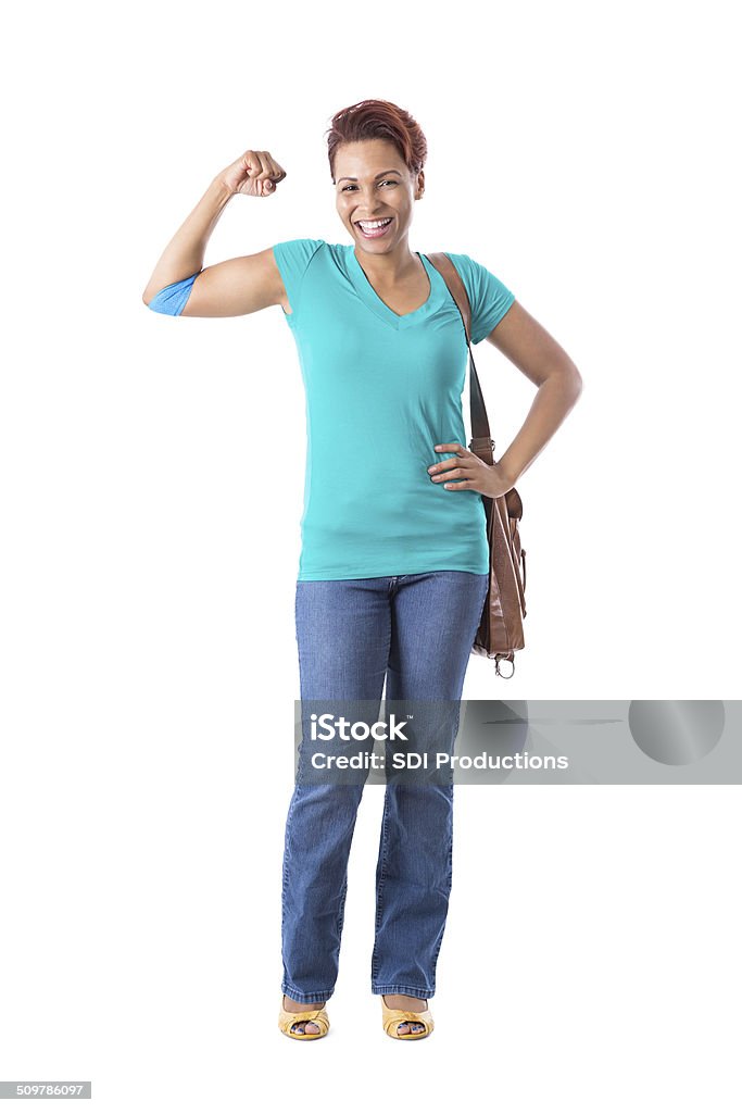 Happy African American woman flexing muscled after donating blood Adult Stock Photo