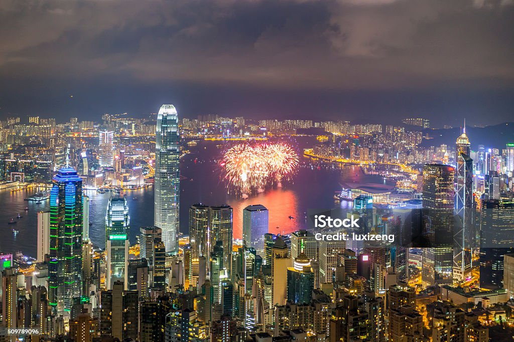 urban scene of hong kong Firework Display Stock Photo