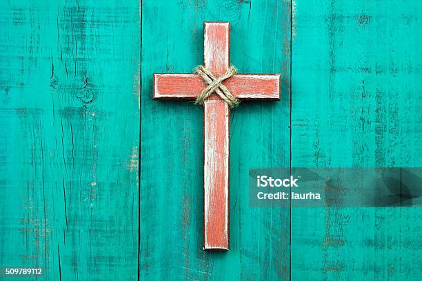 Wood Cross Hanging On Rustic Door Stock Photo - Download Image Now - Religious Cross, Wood - Material, Catholicism
