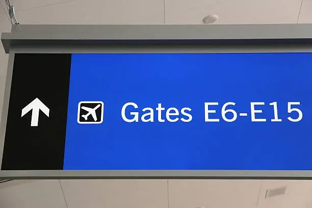 Generic airport signage in Las Vegas. Illuminated gates sign.