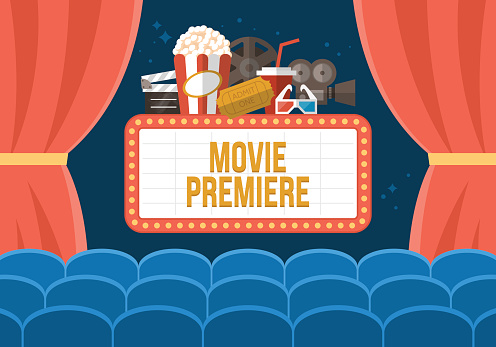 Movie premiere poster deisgn with cinema curtains, seats and sign. Flat stylish vector illustration