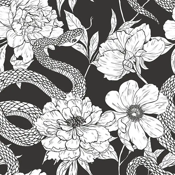 Vector illustration of Snakes and flowers seamless pattern.