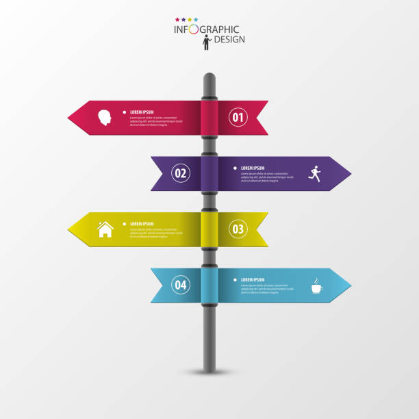 illustrations, cliparts, dessins animés et icônes de infographie modèle de pointeurs dans toutes les directions sur un panneau - multidirectional