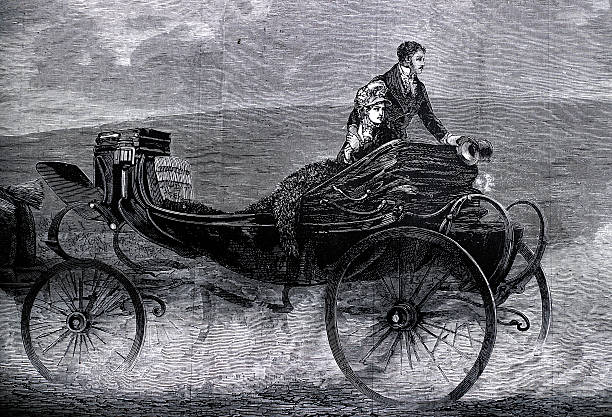 Dust kicking up from wheels as a fine dressed couple looks back from the carriage buggy. 1800s atire line drawing art.