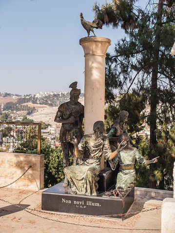 Jerusalem, Israel - July 13, 2015: Monument St. Peter who denied Jesus three times against the Mount of Olives, of Church of St. Peter in Gallicantu on Mount Zion in Jerusalem Old City area, Israel