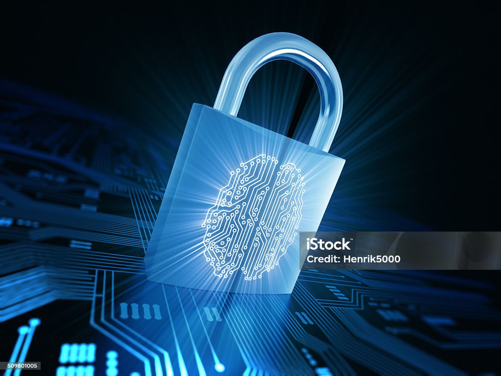 Cyber security: Lock with brain made out of circuits Protection Stock Photo