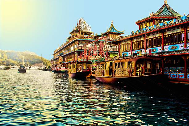 A floating building within Hong Kong's Aberdeen Harbour