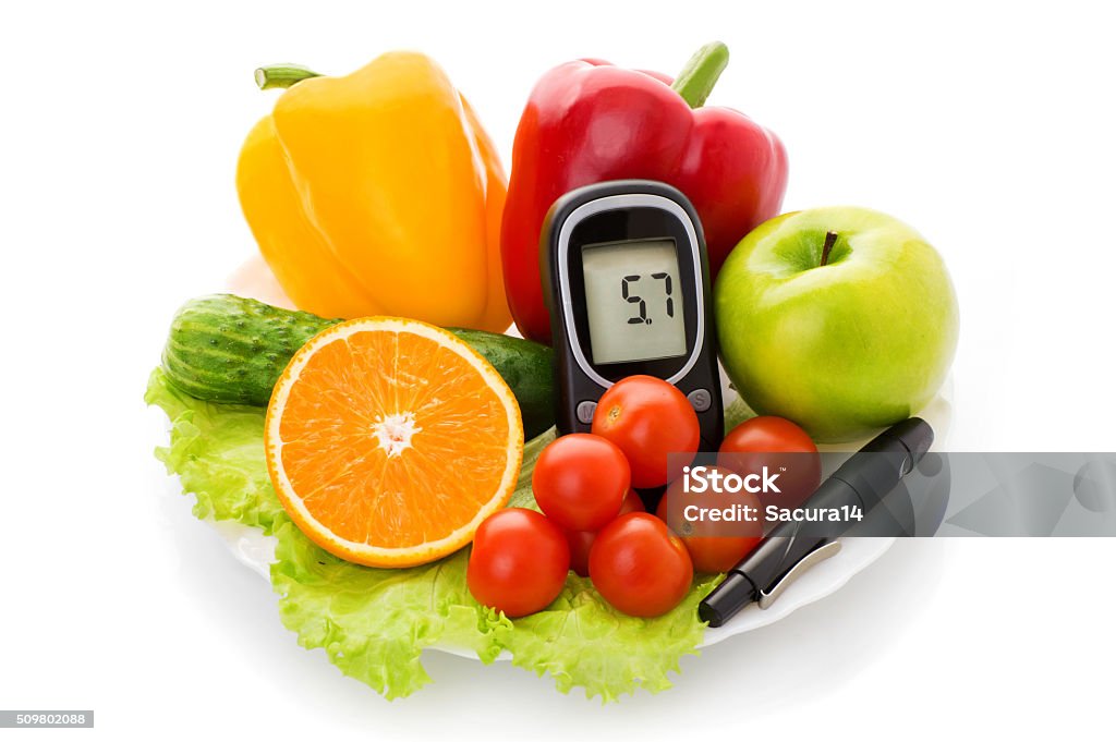 glucometer for glucose level and healthy organic food glucometer for glucose level and healthy organic food on a white background. Diabetes concept Blood Stock Photo