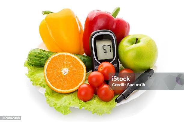 Glucometer For Glucose Level And Healthy Organic Food Stock Photo - Download Image Now