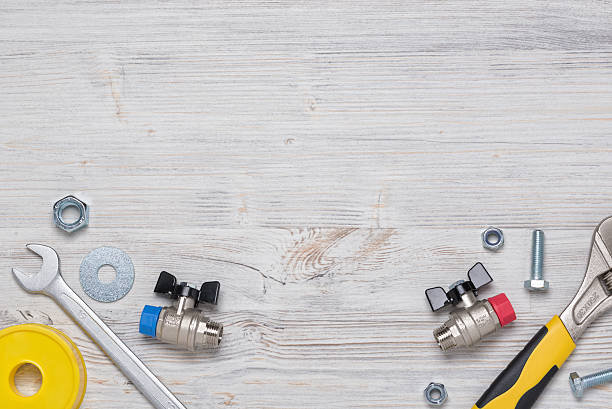 istock Top view of construction instruments and tools on wooden DIY 509802532