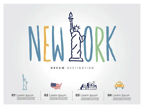 Vector illustration of New York travel set, Statue of Liberty, typography