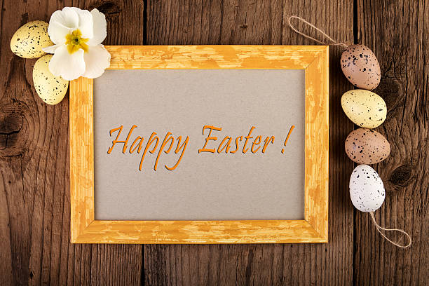 istock Wooden frame with text Happy Easter and decoration top view 509806924