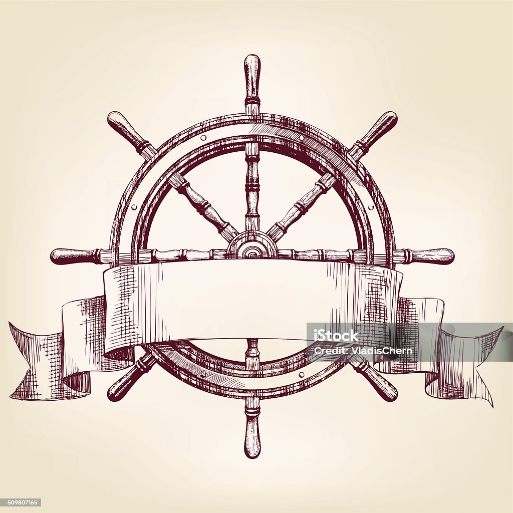 ship steering wheel vintage drawing vector illustration Tall Ship stock vector