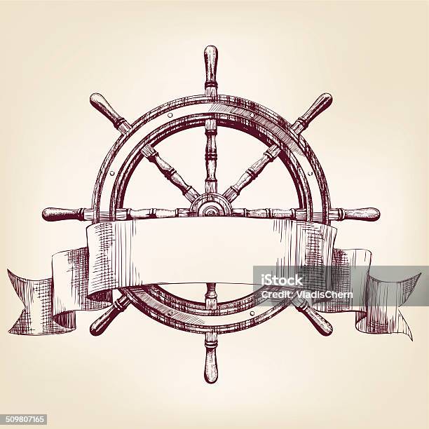 Ship Steering Wheel Vintage Drawing Vector Illustration Stock Illustration - Download Image Now