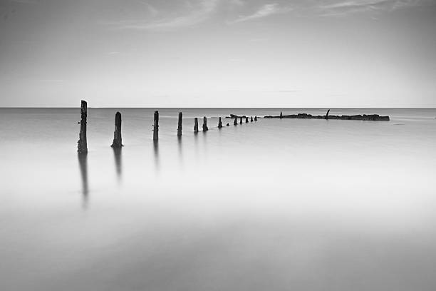 Pilmore Groynes in Black and white two Pilmore strand groynes, just as the tide was begining to fall groyne photos stock pictures, royalty-free photos & images
