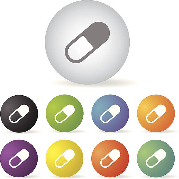 zestaw kapsułki leku przycisk - vector vitamin pill purple orange stock illustrations