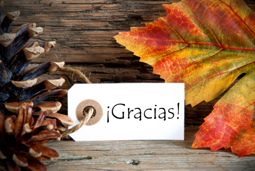 An Autumn Label with the Spanish Word Gracias on it which means Thanks, Fall Background