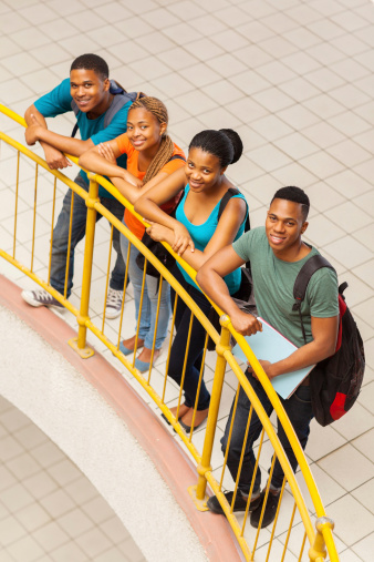 overhead view of happy group african college students on campus
