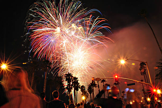 pokaz fajerwerków z palmami i ludzie biorąc zdjęć - happy new year zdjęcia i obrazy z banku zdjęć
