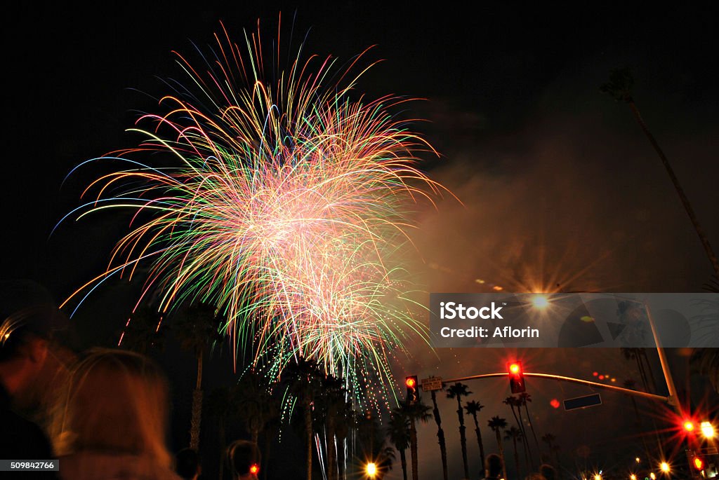 People, Palm Trees, And A Fireworks Show A group of people watching a fireworks show with palm trees in the background, in Santa Barbara, California. 12 O'Clock Stock Photo